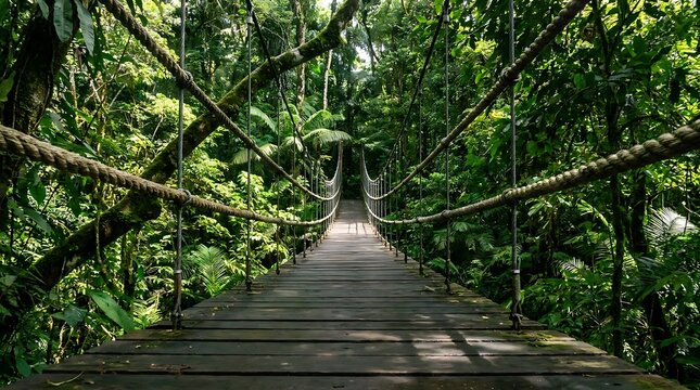 Wooden suspension bridge in a lush tropical rainforest jungle path