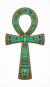 ancient ornate golden ankh with turquoise