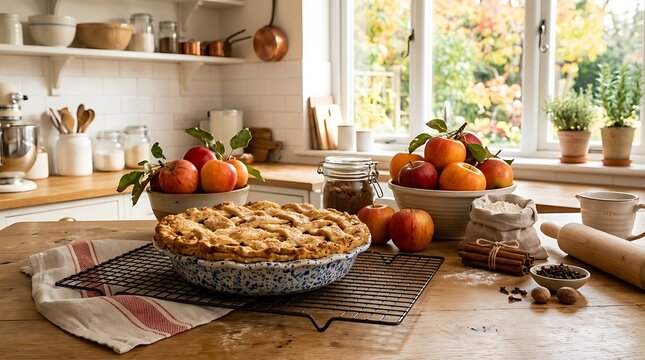 Freshly baked homemade apple pie with ingredients on kitchen counter.