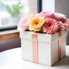 Naklejka premium Celebration and gift giving, pastel flower bouquet in a white gift box with ribbon for birthday anniversary or romantic surprise on a bright table