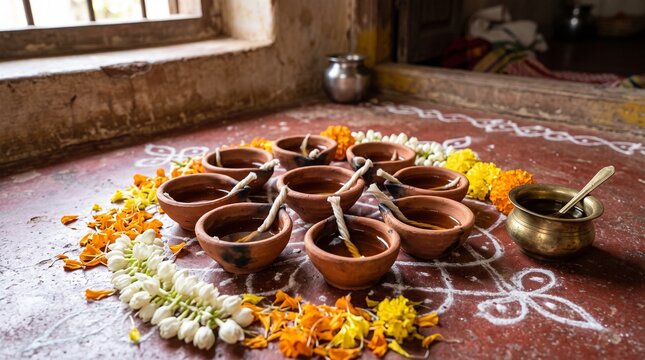 Karthigai Deepam Clay Lamp Preparation with Agal Vilakku, Flowers, Wicks and Kolam Design