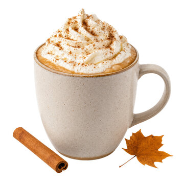 Pumpkin spice latte with whipped cream and cinnamon in ceramic mug, isolated on transparent background with cinnamon stick and maple leaf