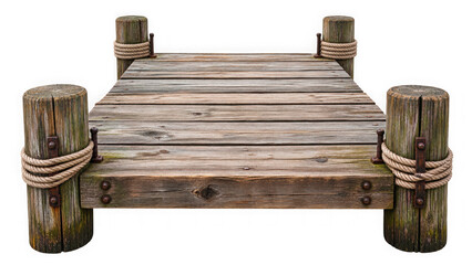 Isolated old wooden pier or small dock on posts wrapped with rope for boats and fishing ©  IJRAUO