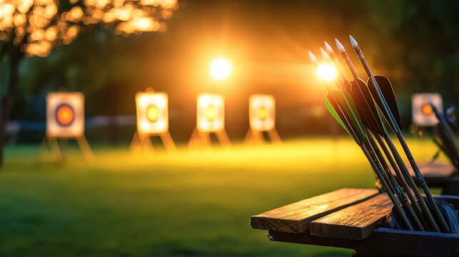 A serene archery range at sunset, with arrows poised before distant targets illuminated by warm light