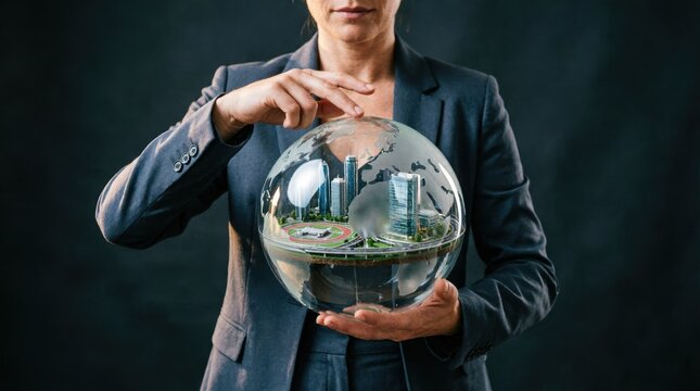 Woman Holding a Globe Within a Transparent Sphere, Representing Global Vision and Future Urban Development