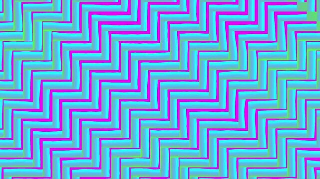 Dynamic and mesmerizing zigzag pattern in blue, purple, and cyan, creating an optical illusion with vibrant colors. Suitable for graphic design projects and backgrounds.