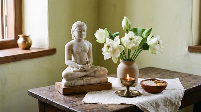 Rohini Vrat Jain Devotional Still Life with Tirthankara, Lotus Flowers, Rice and Brass Diya