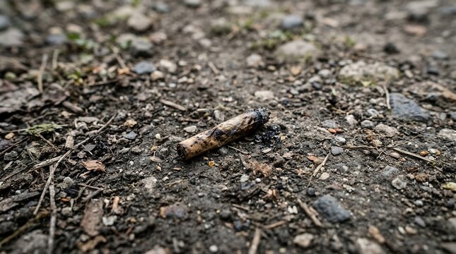 Discarded Cigarette Butt On Gritty Earth Surface Macro Shot