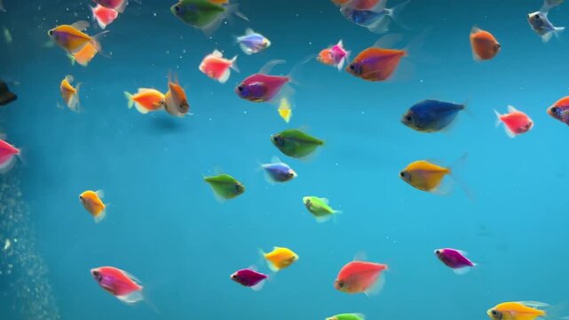 School of colorful fluorescent GloFish tetras swimming in clear blue aquarium water