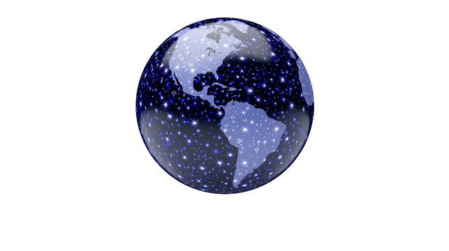 Sparkling blue planet Earth with continents, isolated on transparent background