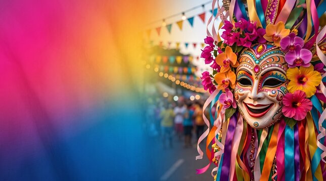 MassKara Festival Bacolod Banner with Colorful Filipino Mask, Carnival Decor and Copy Space