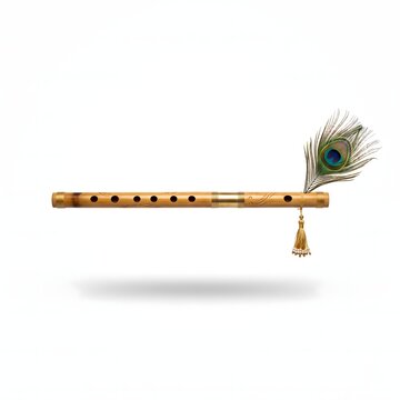 Traditional bamboo flute bansuri with vibrant peacock feather and golden tassel, isolated on white background for Janmashtami celebration, representing Lord Krishna's divine music and spirituality.