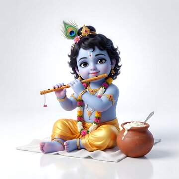 Adorable 3D illustration of little Lord Krishna playing flute sitting near butter pot for Janmashtami celebration, divine blue child deity on white background.