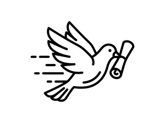 Fototapeta premium A white dove flies fast with a rolled scroll while symbolizing peace and communication