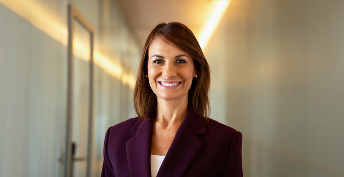 Cheerful businesswoman closeup headshot face portrait in office corridor. 35 years old business woman works as ceo leader executive, confident expression, sophisticated appearance. Banner, copy space.