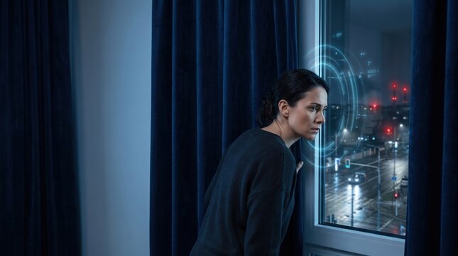 a woman looking out a window through curtains at night with a futuristic glowing facial recognition scanning interface.