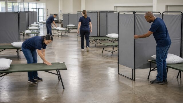 Accessible shelter cot spacing: Shelter workers create wide wheelchair routes between cots and privacy screens in a drill