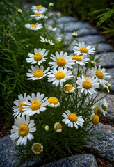 Fototapeta premium Wellness and natural healing chamomile flowers blooming in a garden path for herbal medicine organic skincare and holistic health lifestyle concepts
