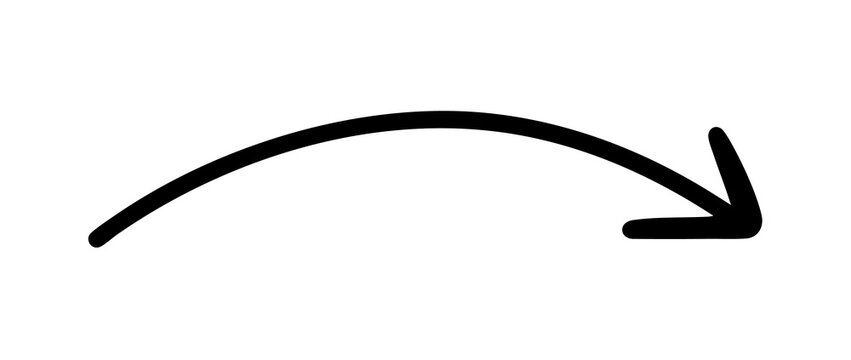 Black hand drawn curved arrow with playful doodle lines, sketchy twists and flowing wave shapes, isolated on a transparent PNG background