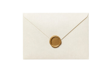 Single elegant cream-colored envelope with a golden wax seal, photographed from a top-down...