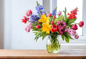Obraz premium Spring floral arrangement, home decor and interior design concept, colorful bouquet of fresh tulips and lilies in a glass vase on a wooden table