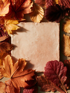 Fall leaves surround a blank square piece of paper on a surface