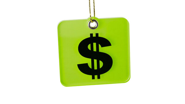 Bright green square price tag with black dollar sign, isolated on transparent background