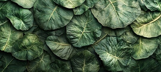 Obraz premium Full Frame Background of Dried Collard Green Leaves Featuring Brittle Texture and Earthy Green Tones