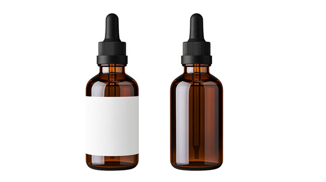 Amber glass dropper bottles with black caps one with a blank label, isolated on transparent background