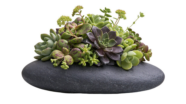 Assortment of green and purple succulents arranged on a dark oval stone, isolated on transparent background