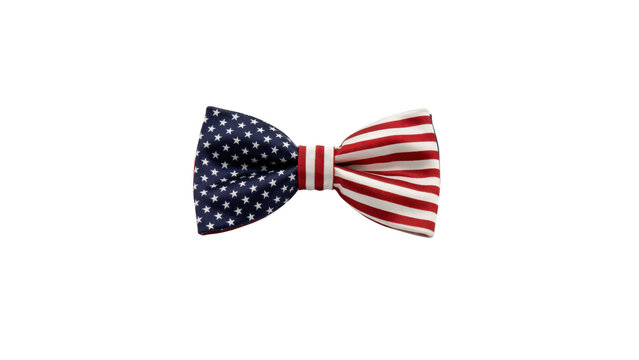 Fabric bow tie featuring the american flag pattern with stars and stripes isolated on a transparent background
