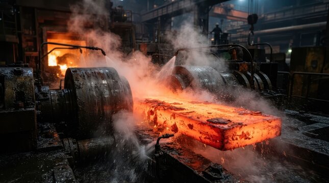 red hot steel slab emerging from rollers with furnace glow, orange scale, water spray, and molten metal textures