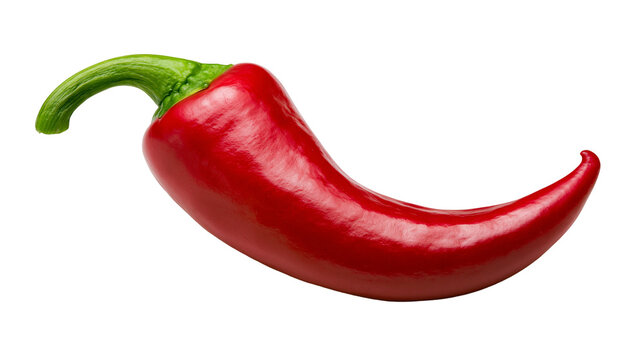 Bright red chili pepper with green stem, isolated on transparent background