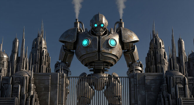 Giant Steampunk Robot Dominating a Futuristic Cityscape.