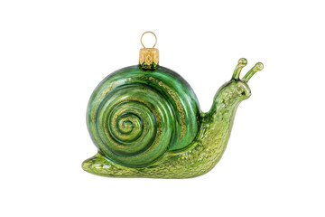 Charming green glass snail Christmas ornament with a glittery spiral shell and golden cap, isolated on a clean white background © Chinases