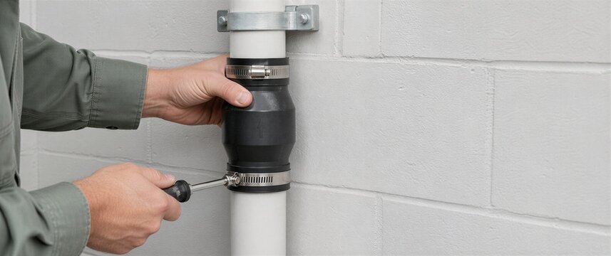 Close-up of a technician tightening a sump pump check valve on a vertical discharge pipe during installation. Proper setup, backflow prevention, drainage reliability, and plumbing maintenance concept.