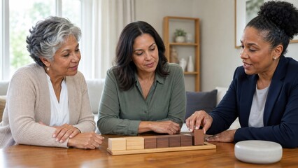 Fototapeta premium Pension appointment with trusted person: An older woman, adult daughter and adviser discuss retirement choices using a physical block timeline with no documents