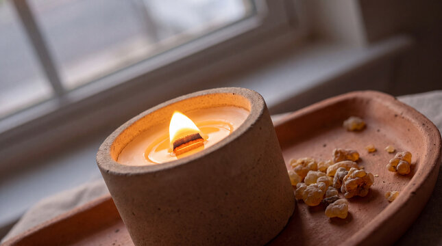 Cast Sand Concrete Soy Candle With Crackling Wood Wick On Terracotta