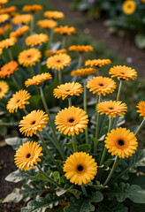Fototapeta premium Spring gardening and nature growth, vibrant yellow gerbera daisy flowers blooming in a sunny garden bed with lush green foliage and botanical beauty