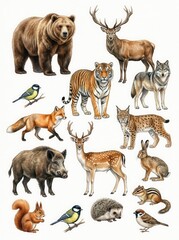 Fototapeta premium Detailed Watercolor Illustration Collection of Diverse Wild Animals and Forest Wildlife Isolated on White Background