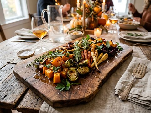 Roasted vegetable platter on wooden board for festive holiday dinner meal.