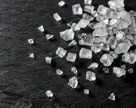 Coarse salt crystals scattered on black slate surface