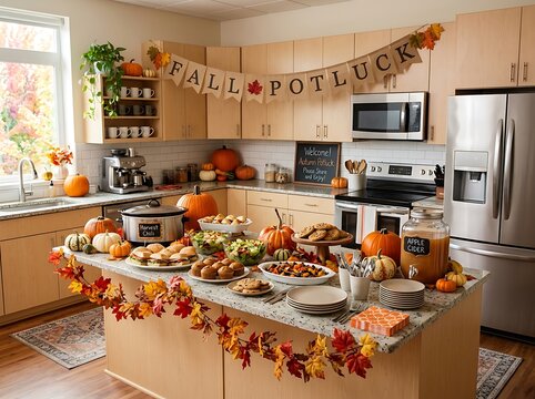 Abundant autumn potluck table setup with savory seasonal food and drinks.