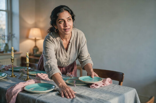 Warm light bathes a cozy dining table. Woman arranges plates with gentle care. Her smile hints at quiet contentment. Soft linens and candles add charm. Perfect for home, lifestyle, or comfort themes
