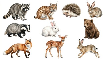 Fototapeta premium Set of realistic forest animal illustrations: fox, raccoon, lynx, bear, deer, badger, hedgehog, and rabbits on white.