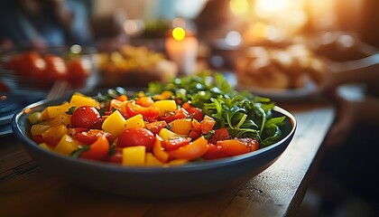 Naklejka premium Fresh Garden Salad in a Decorative Seasonal Bowl on a Rustic Dining Table During Thanksgiving Meal.