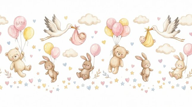 Cute Watercolor Baby Shower Seamless Border with Storks, Teddy Bears, Bunnies, and Balloons on White Background