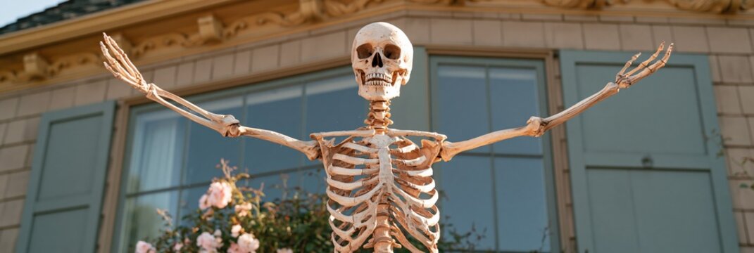 Life-size skeleton halloween decoration outdoors in front of a house with shutters and roses arms outstretched for seasonal holiday background and festive yard display