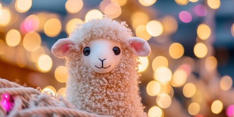 Obraz premium Stuffed plush toy sheep decoration festive bokeh Christmas winter glow holiday celebrations theme.