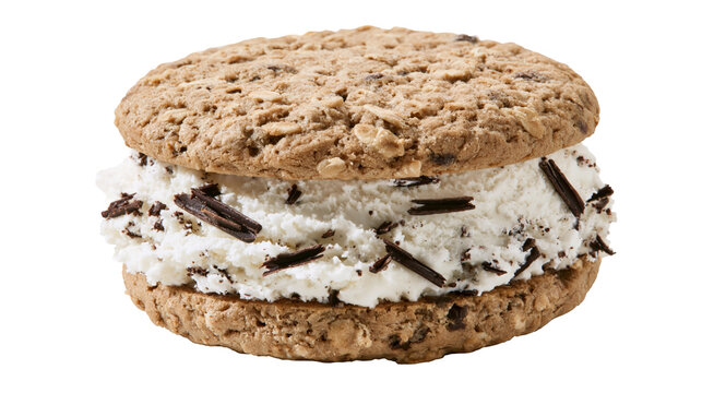 Oatmeal chocolate chip cookie ice cream sandwich with shaved chocolate, isolated on transparent background